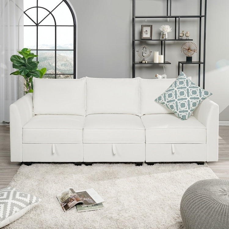 Canapé modulaire 3 pièces avec assise douce et confortable, canapé en lin avec cadre en bois robuste, idéal pour les petits espaces