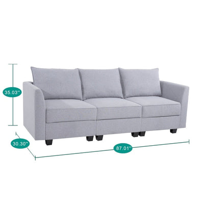 Canapé modulaire 3 pièces avec assise douce et confortable, canapé en lin avec cadre en bois robuste, idéal pour les petits espaces