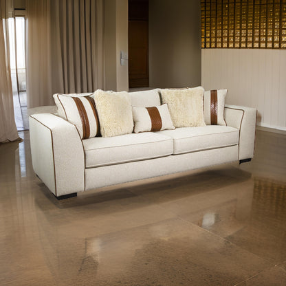 Canapé Elize avec 5 coussins décoratifs, 91 pouces, bois massif, marron, beige bouclé