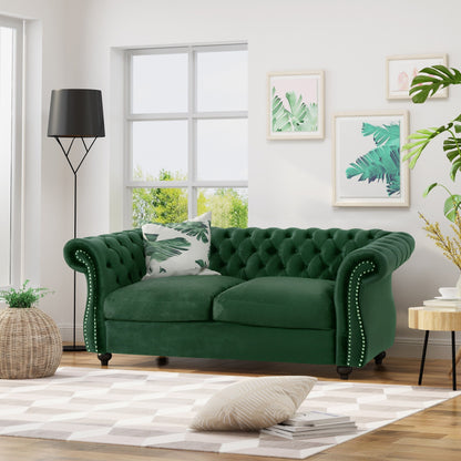Canapé Chesterfield Emerald 61,75 pouces capitonné avec boutons, pieds en bois et têtes de clous pour le salon