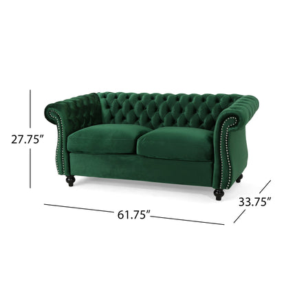 Canapé Chesterfield Emerald 61,75 pouces capitonné avec boutons, pieds en bois et têtes de clous pour le salon