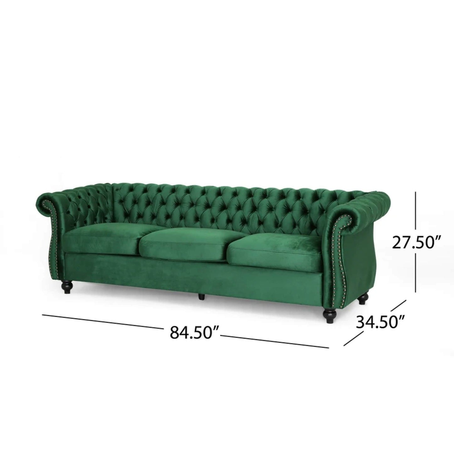 Canapé 3 places capitonné Chesterfield Emerald 84,75 avec clous et pieds en bois pour le salon