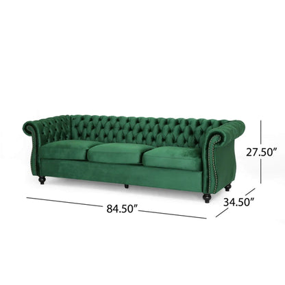 Canapé 3 places capitonné Chesterfield Emerald 84,75 avec clous et pieds en bois pour le salon