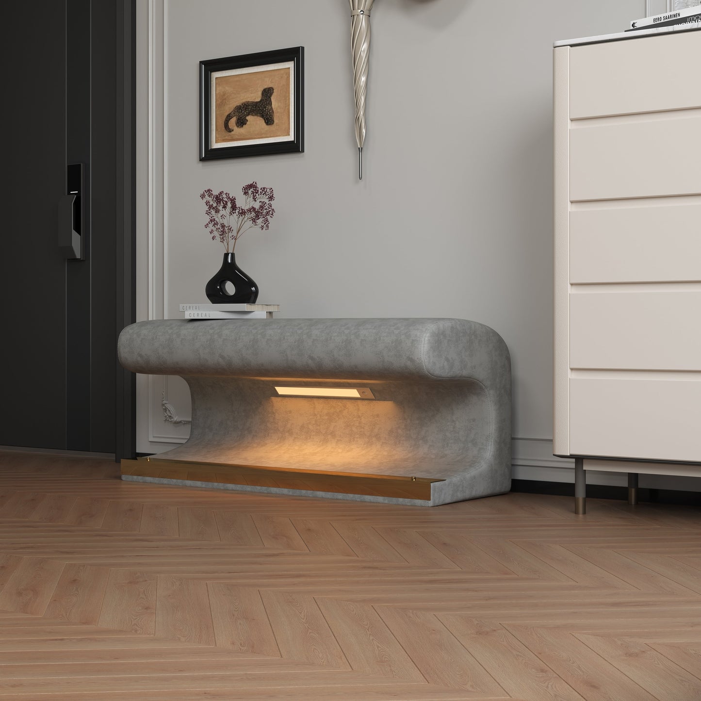 Banc d'entrée ottoman rembourré en cuir avec lumière à capteur LED pour salon, chambre à coucher, bout de lit
