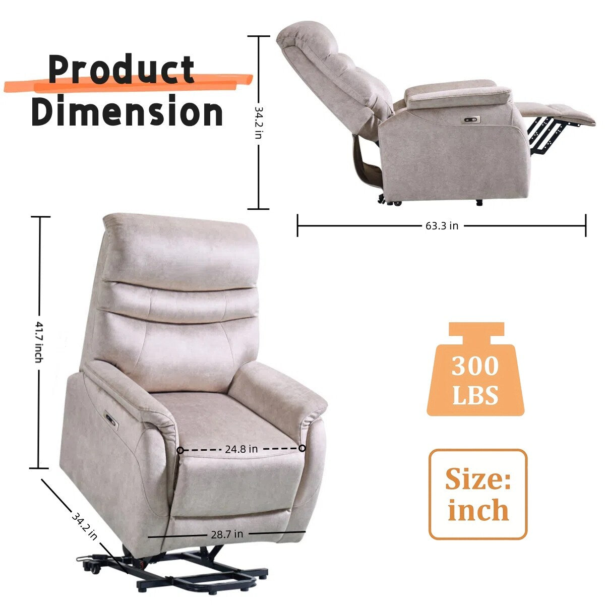 Fauteuil inclinable électrique ergonomique en velours avec télécommande et repose-pieds extensible