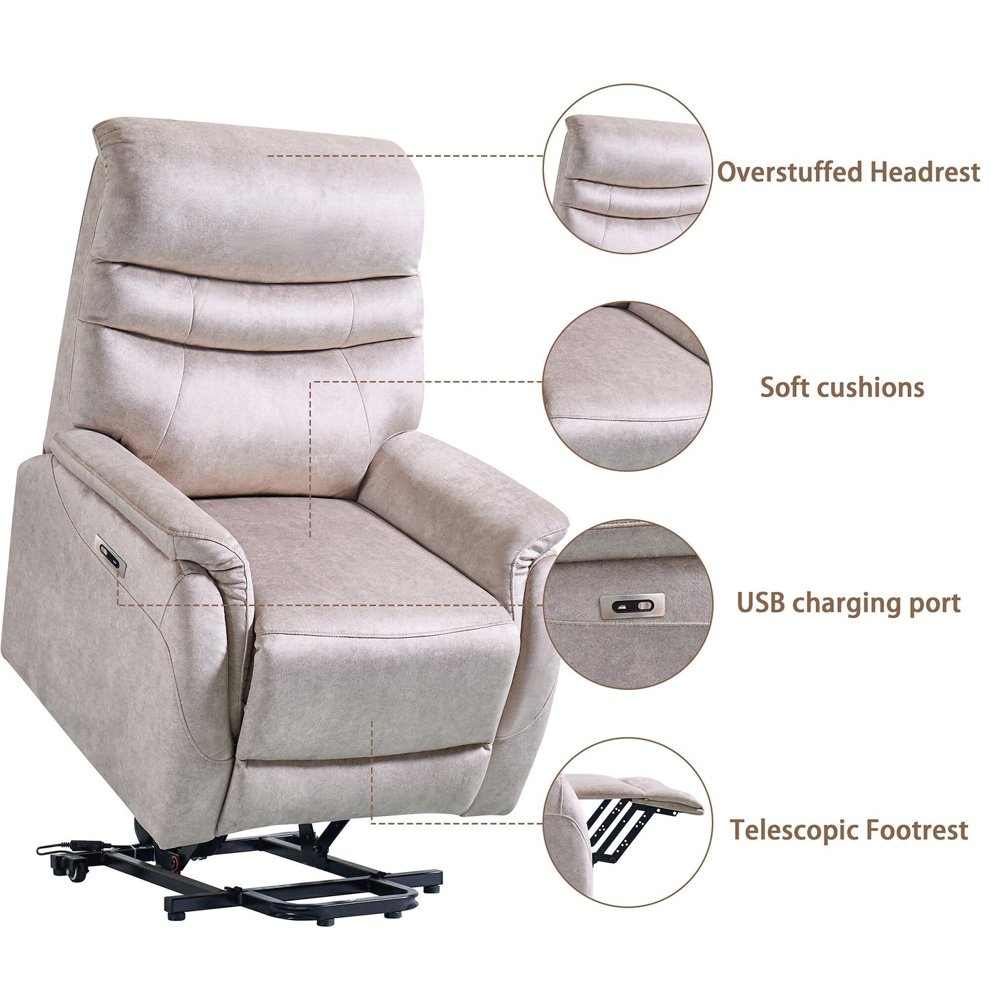 Fauteuil inclinable électrique ergonomique en velours avec télécommande et repose-pieds extensible