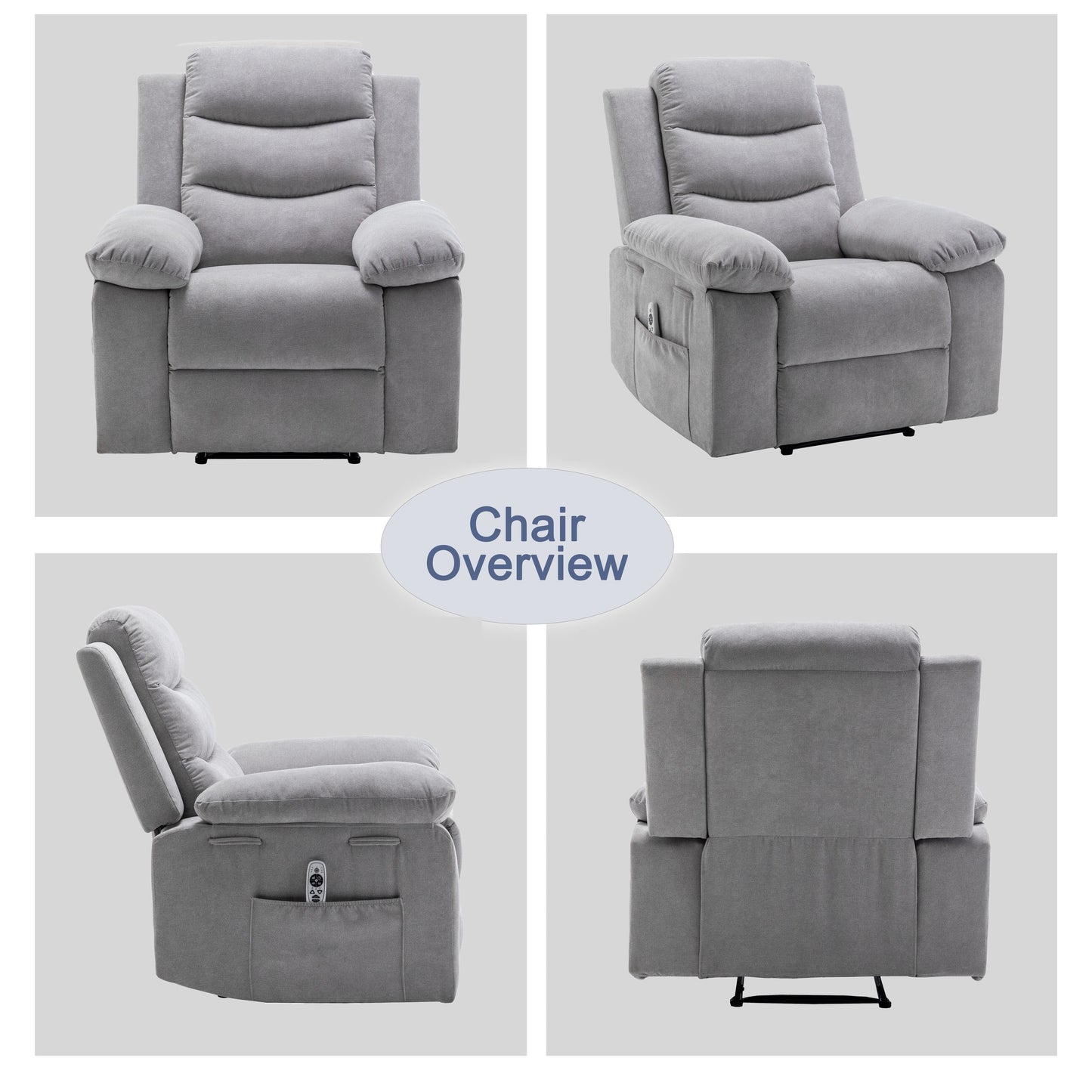 Fauteuil inclinable électrique ergonomique en velours avec massage par vibrations à 8 points, chauffage et poche latérale