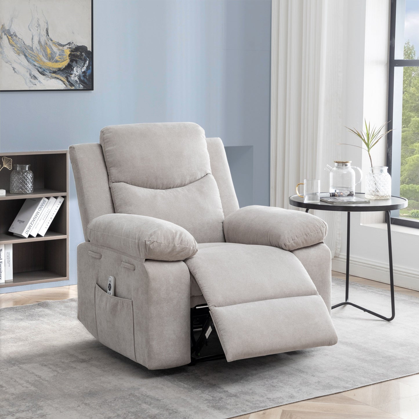 Fauteuil inclinable électrique ergonomique en velours avec massage par vibrations à 8 points, chauffage et poche latérale