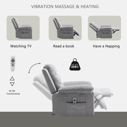 Fauteuil inclinable électrique ergonomique en velours avec massage par vibrations à 8 points, chauffage et poche latérale