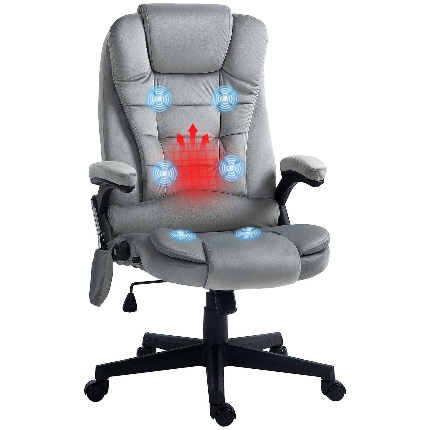 Fauteuil de bureau ergonomique et massant, inclinable et réglable à dossier haut, avec accoudoirs rembourrés et chauffage lombaire.
