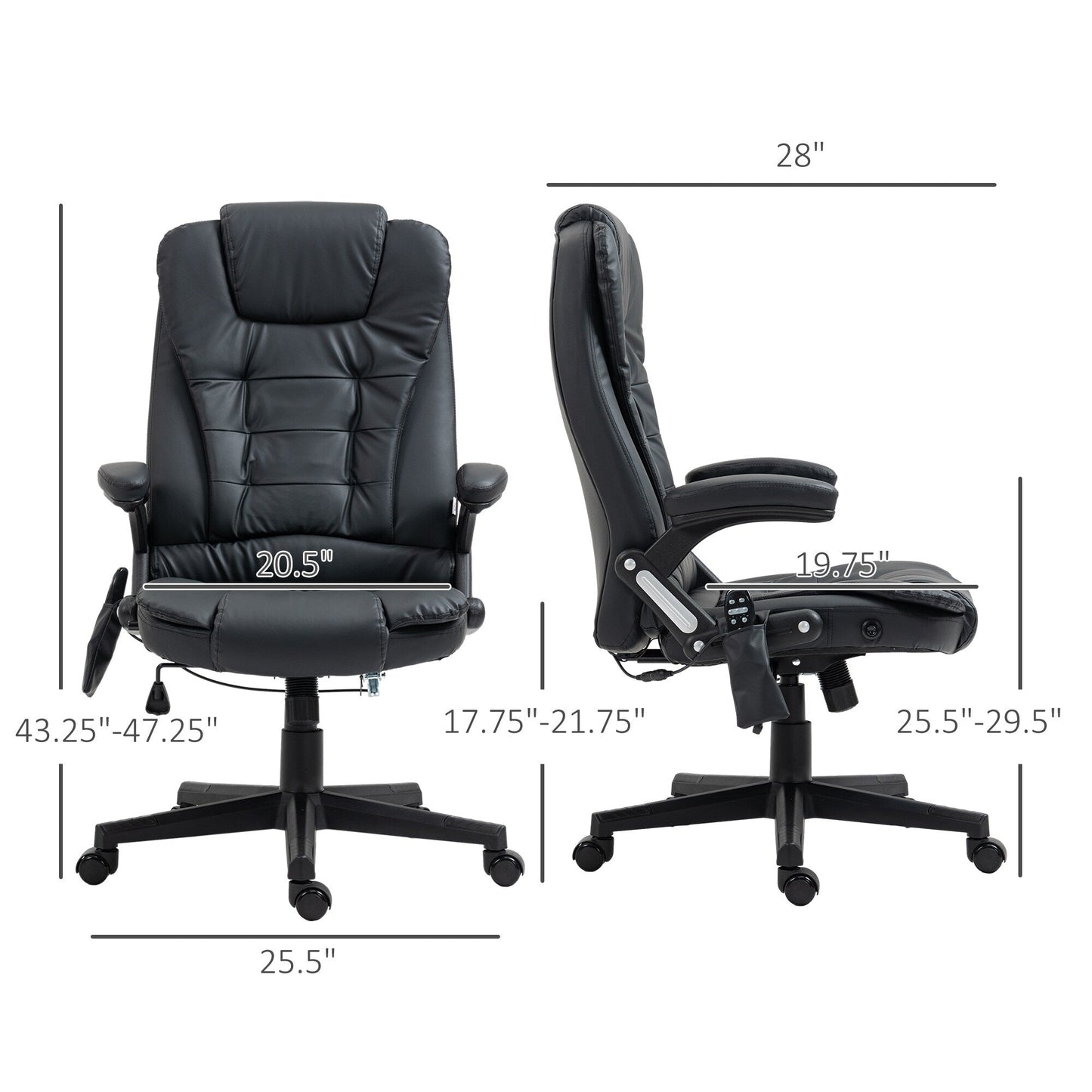 Fauteuil de bureau ergonomique et massant, inclinable et réglable à dossier haut, avec accoudoirs rembourrés et chauffage lombaire.