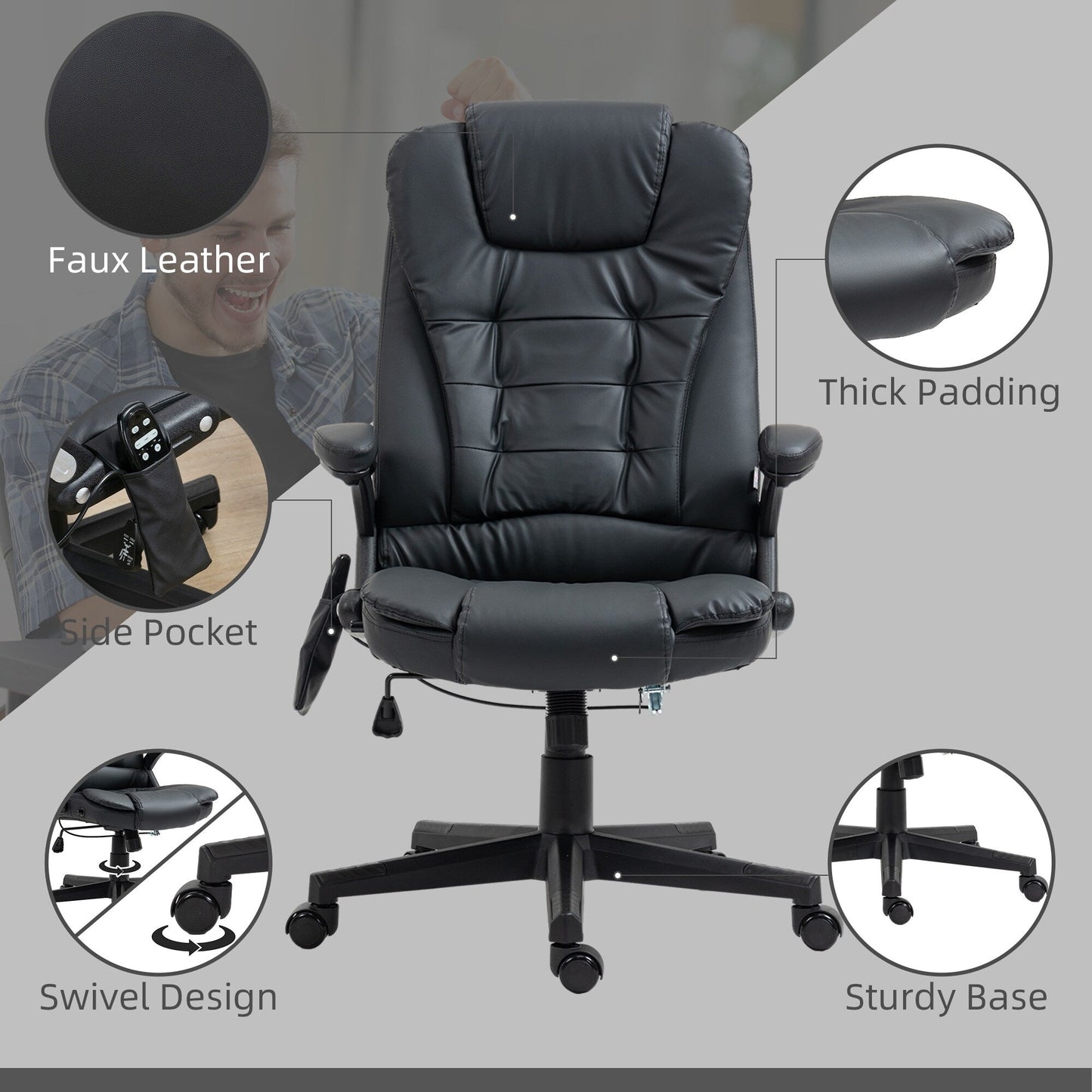 Fauteuil de bureau ergonomique et massant, inclinable et réglable à dossier haut, avec accoudoirs rembourrés et chauffage lombaire.