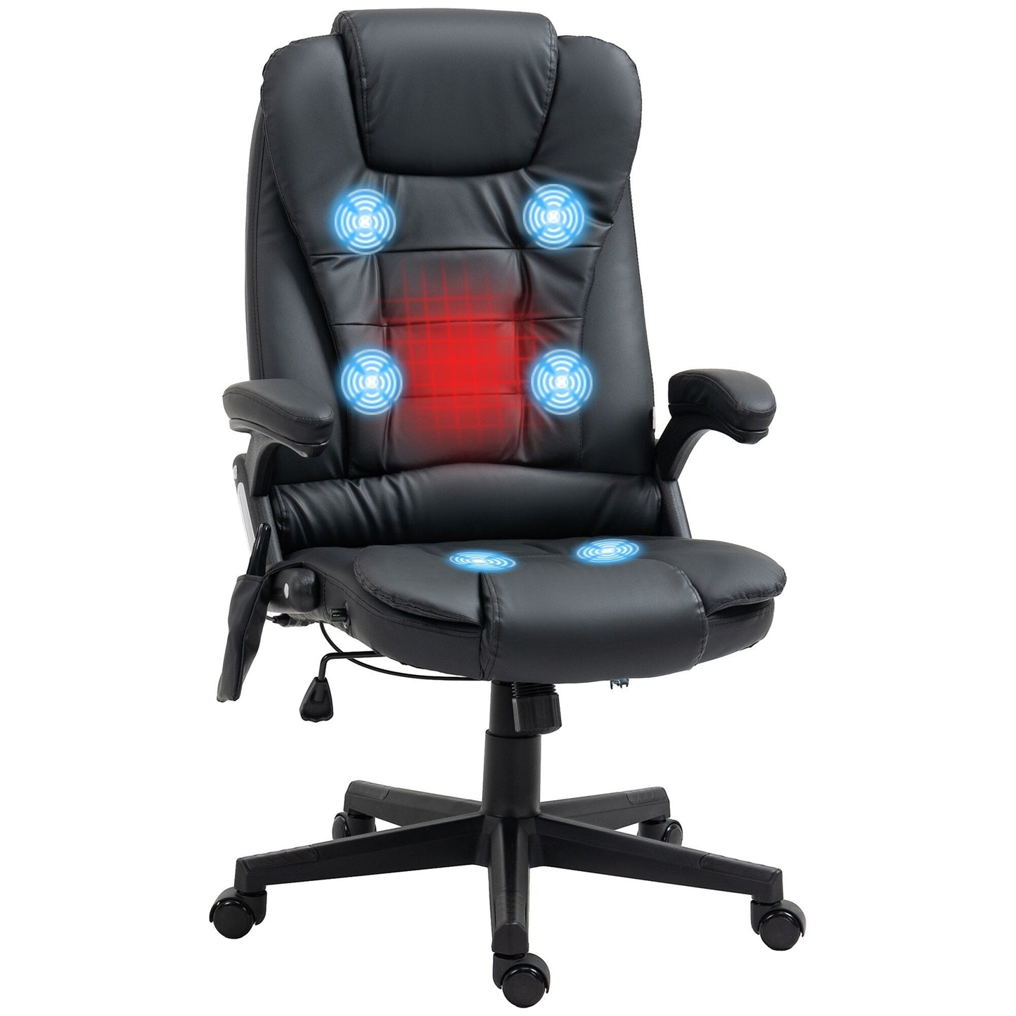 Fauteuil de bureau ergonomique et massant, inclinable et réglable à dossier haut, avec accoudoirs rembourrés et chauffage lombaire.