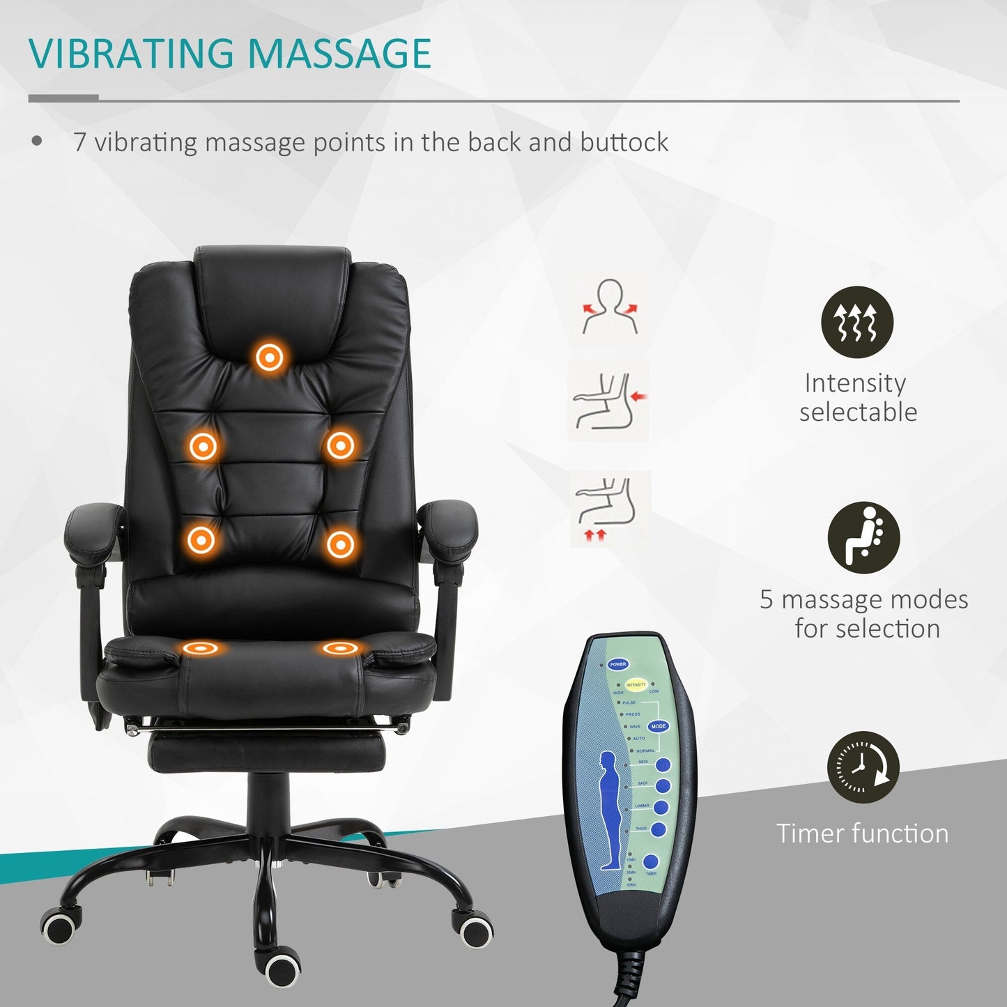 Fauteuil de bureau ergonomique et massant, inclinable et réglable, avec vibrations à 7 points et repose-pieds