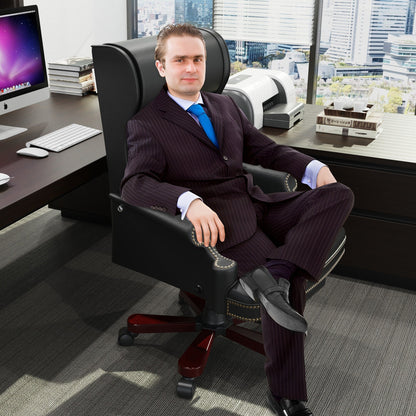 Fauteuil de bureau pivotant ergonomique en similicuir avec repose-pieds, dossier capitonné et décoration cloutée