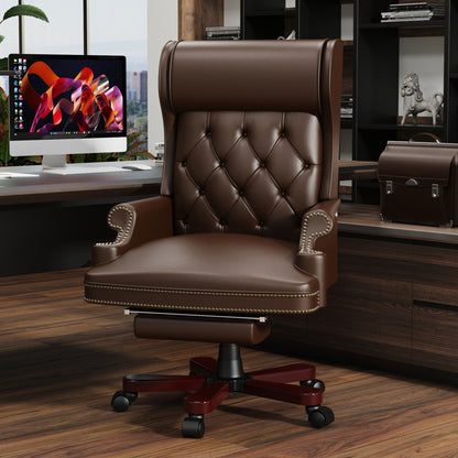 Fauteuil de bureau pivotant ergonomique en similicuir avec repose-pieds, dossier capitonné et décoration cloutée