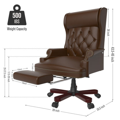 Fauteuil de bureau pivotant ergonomique en similicuir avec repose-pieds, dossier capitonné et décoration cloutée