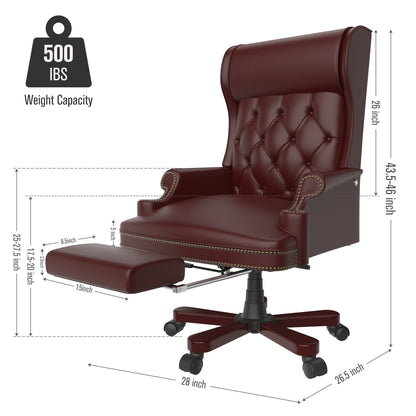 Fauteuil de bureau pivotant ergonomique en similicuir avec repose-pieds, dossier capitonné et décoration cloutée