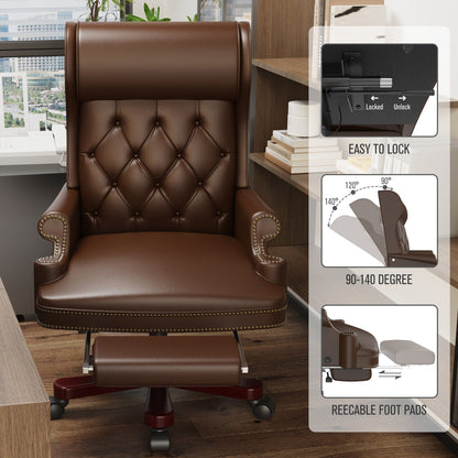 Fauteuil de bureau pivotant ergonomique en similicuir avec repose-pieds, dossier capitonné et décoration cloutée