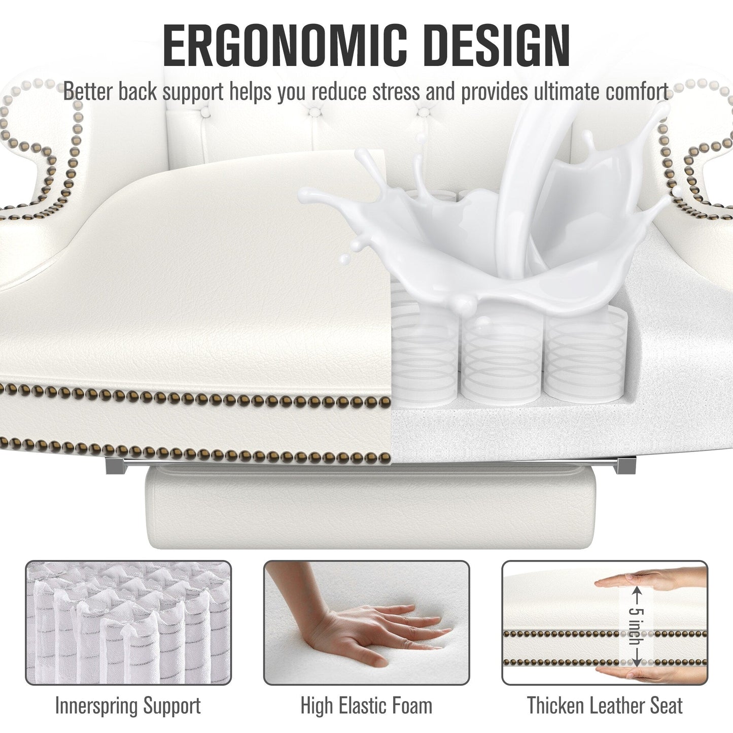 Fauteuil de bureau pivotant ergonomique en similicuir avec repose-pieds, dossier capitonné et décoration cloutée