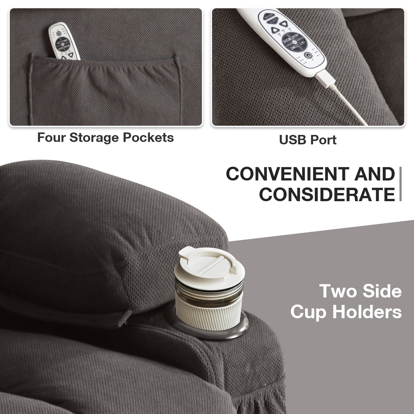 Fauteuil inclinable ergonomique avec releveur électrique, canapé chauffant et massant en tissu avec chargement USB, poches latérales et télécommande