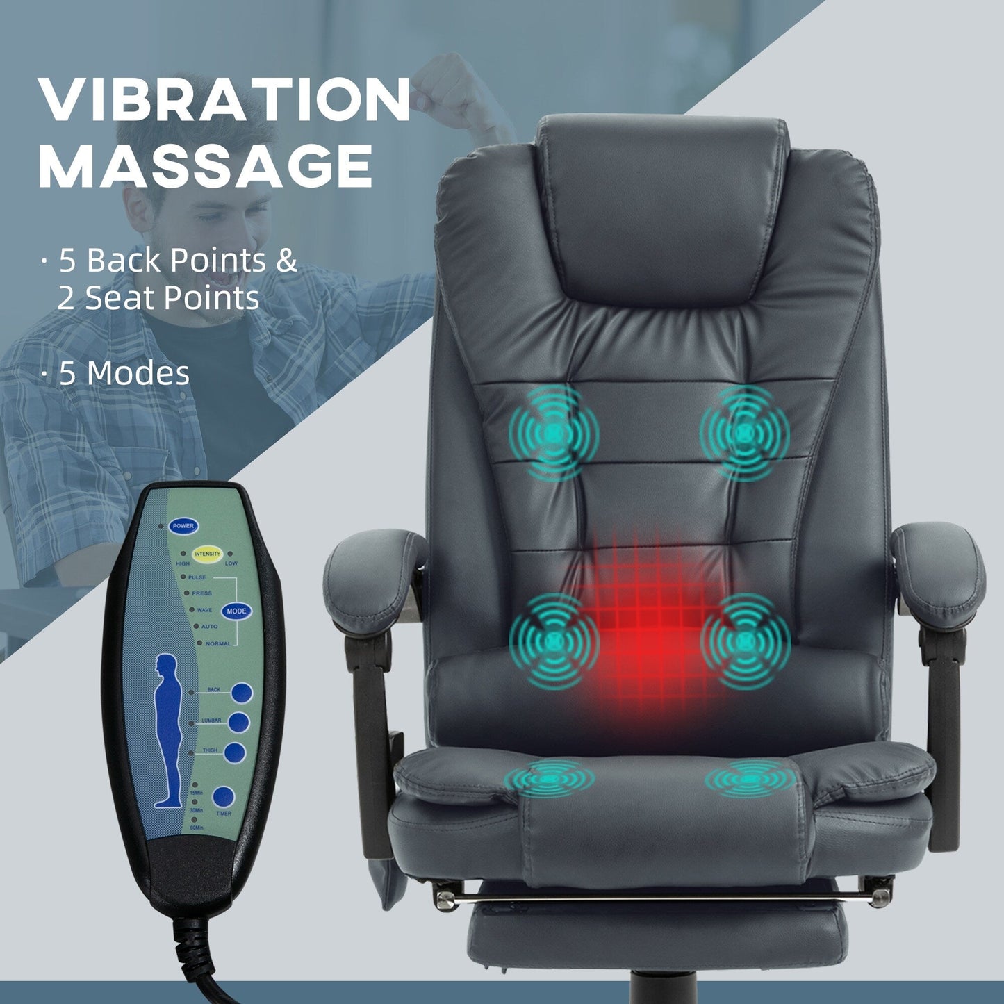 Chaise de bureau ergonomique à vibrations et massage avec dossier inclinable, hauteur réglable et repose-pieds rétractable