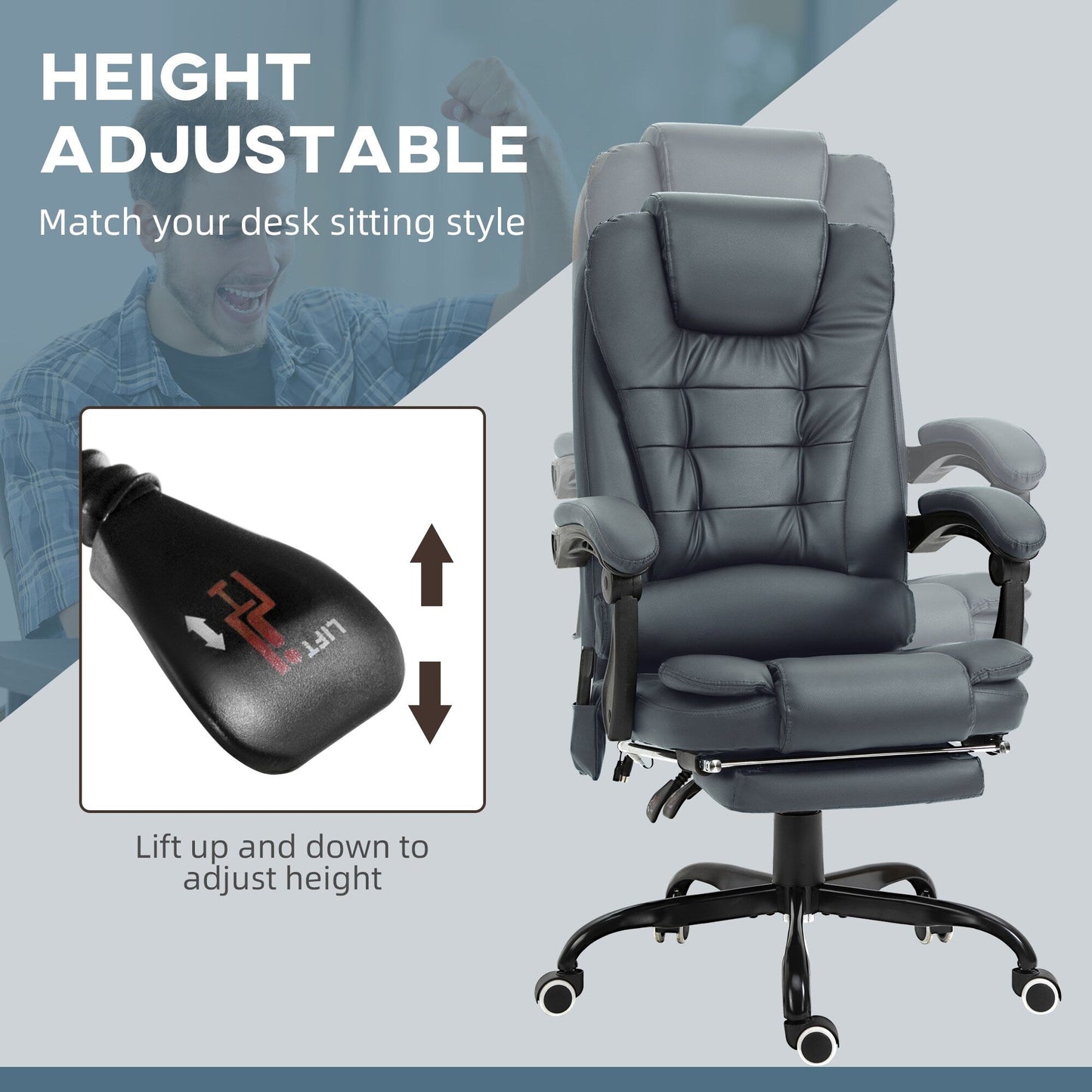 Chaise de bureau ergonomique à vibrations et massage avec dossier inclinable, hauteur réglable et repose-pieds rétractable