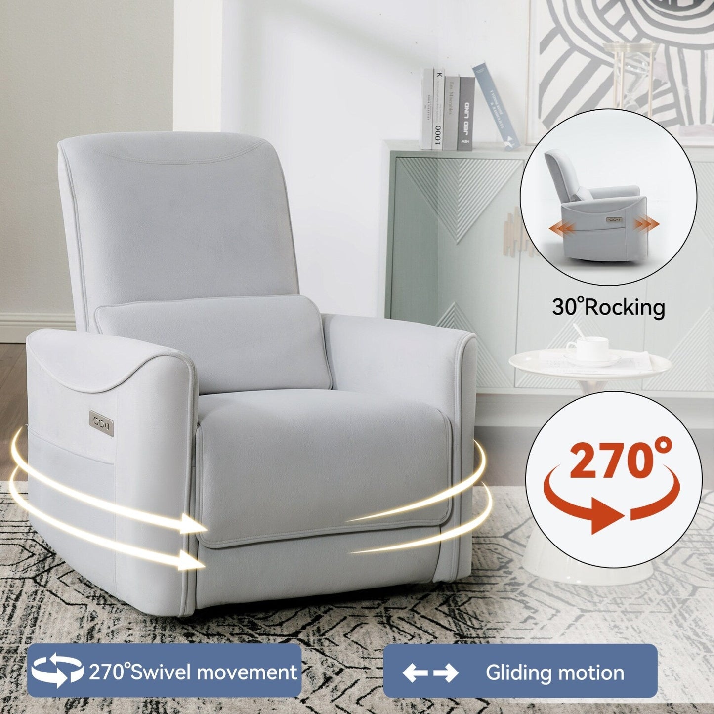 Fauteuil inclinable pivotant et ergonomique, fauteuil à bascule électrique, canapé simple, mécanisme de mouvement robuste avec ports USB et Type-C