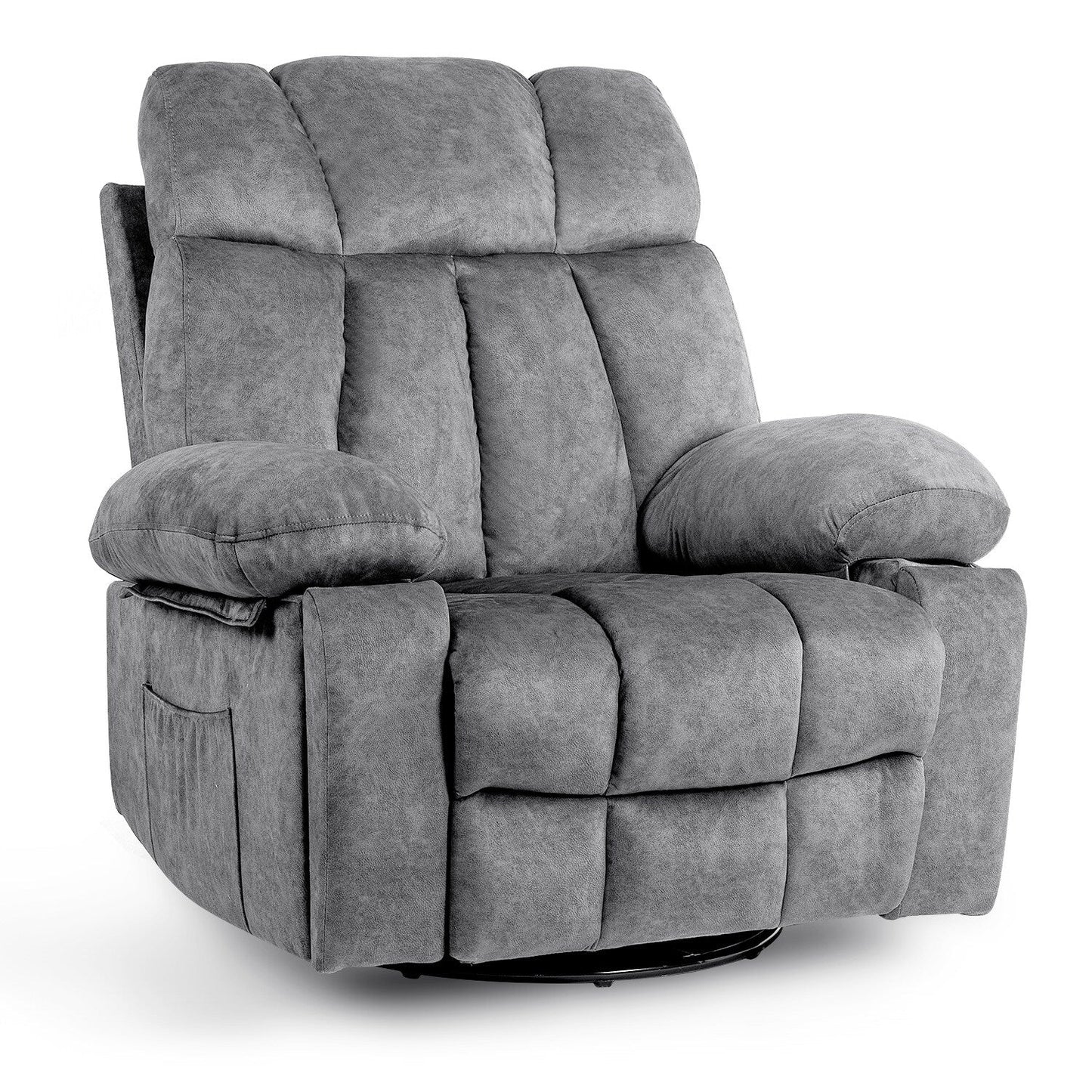 Fauteuil de massage pivotant ergonomique en velours avec chauffage, 8 points de massage, base à bascule, chargement USB, porte-gobelets et poches latérales