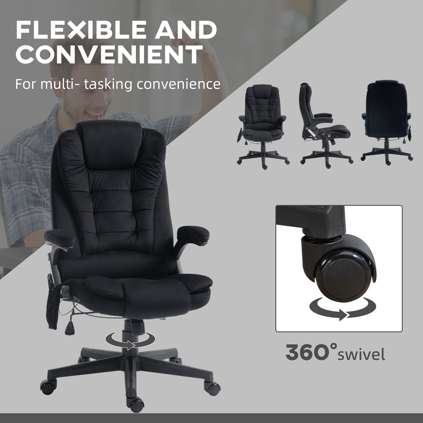 Fauteuil de bureau ergonomique à vibrations et massage, dossier réglable, inclinable, avec 6 points de massage et chauffage lombaire
