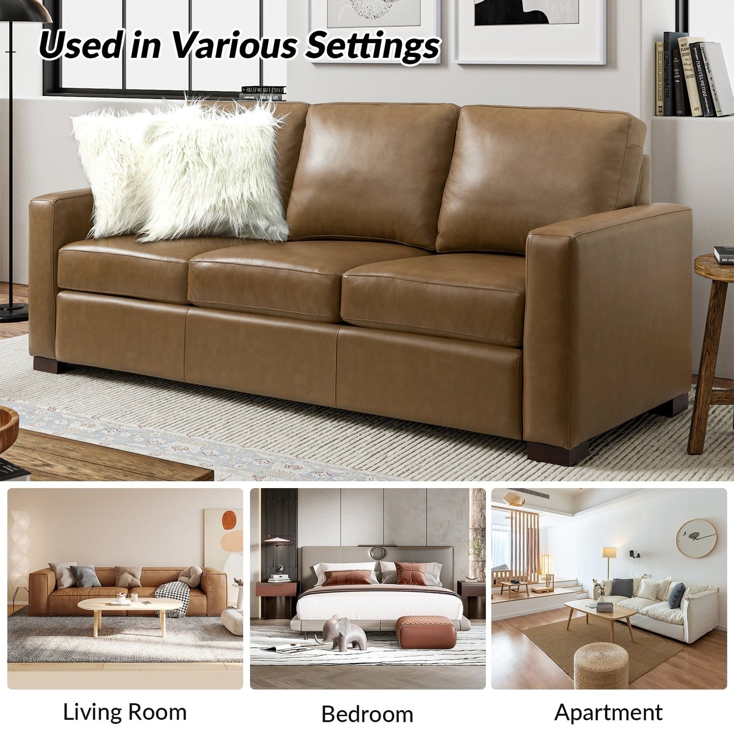 Canapé Ernando 83.46 en cuir véritable avec accoudoirs carrés et coussins