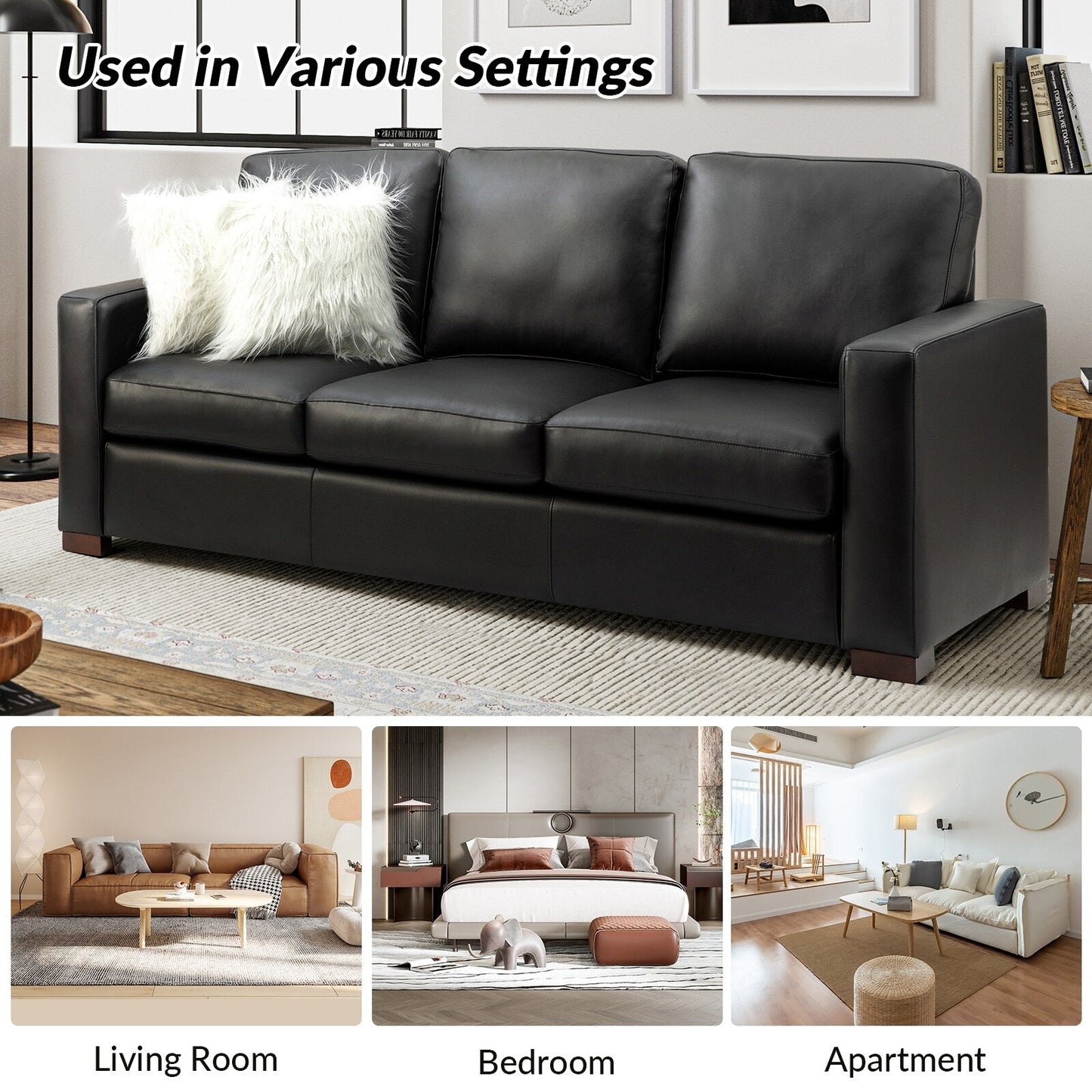 Canapé Ernando 83.46 en cuir véritable avec accoudoirs carrés et coussins