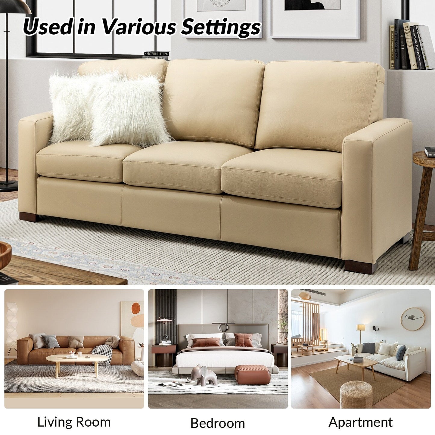 Canapé Ernando 83.46 en cuir véritable avec accoudoirs carrés et coussins