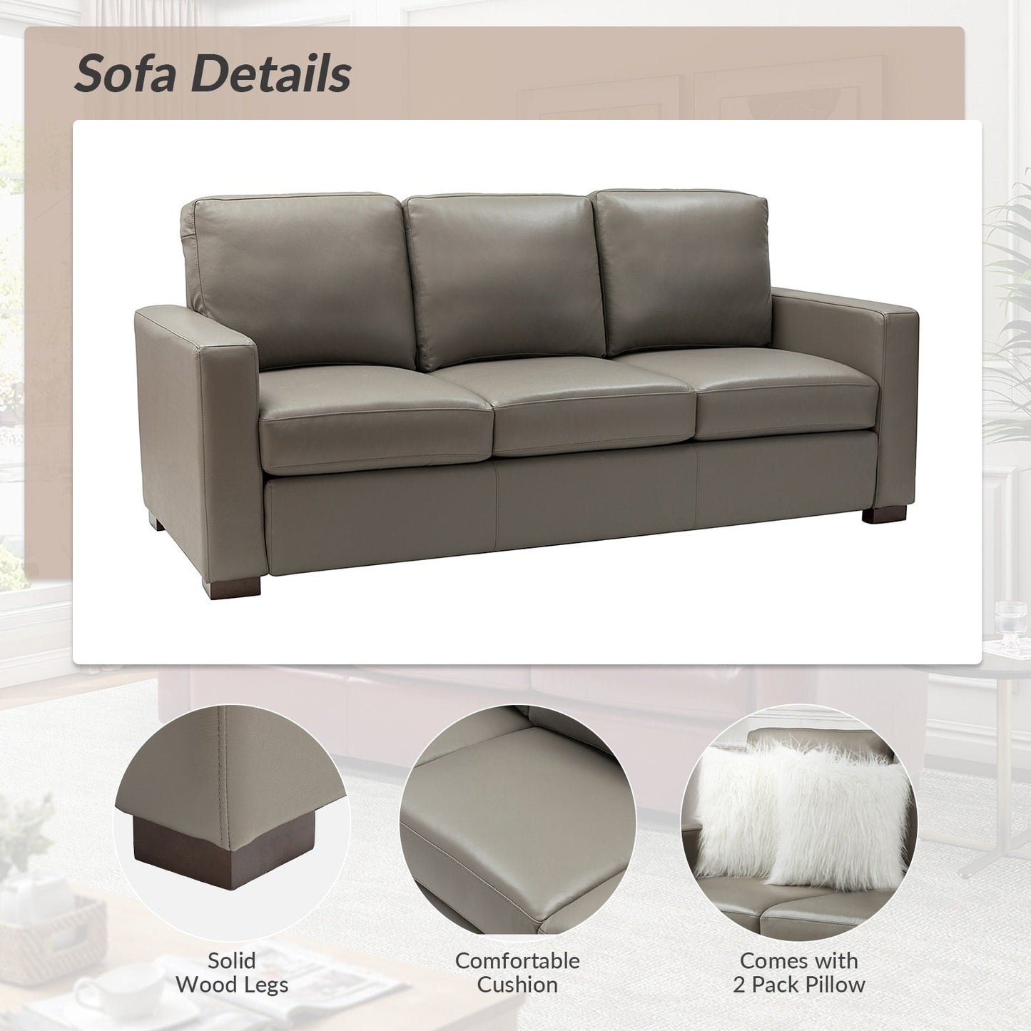 Canapé Ernando 83.46 en cuir véritable avec accoudoirs carrés et coussins