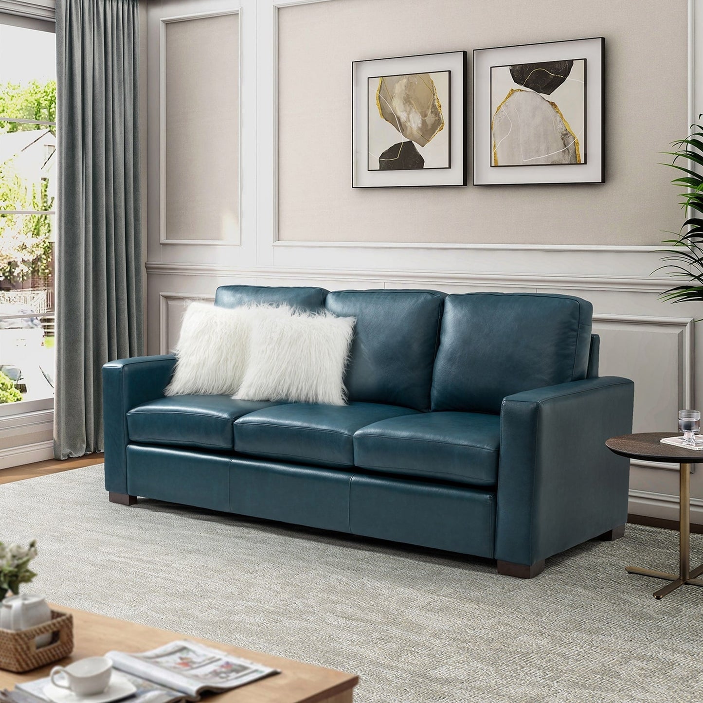 Canapé Ernando 83.46 en cuir véritable avec accoudoirs carrés et coussins