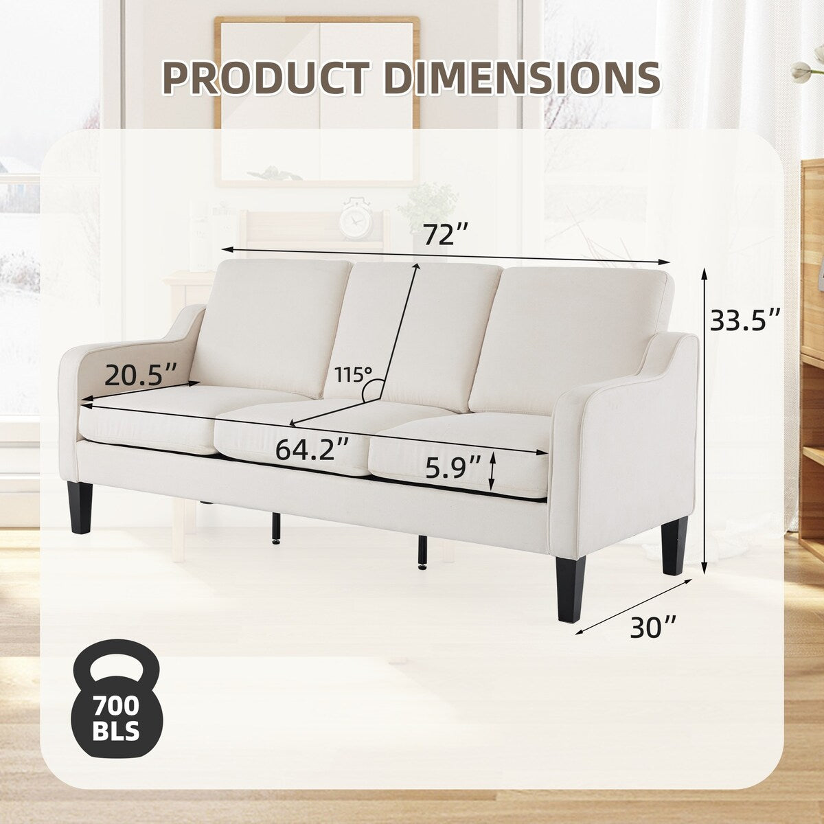 Canapé 3 places Erommy, canapé 72 pouces pour salon, canapé en tissu moderne avec 4 pieds en bois et 2 tiges de support en métal pour chambre