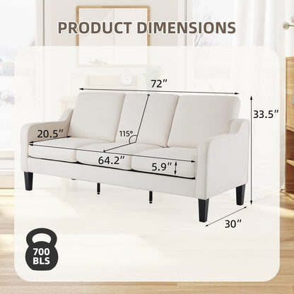 Canapé 3 places Erommy, canapé 72 pouces pour salon, canapé en tissu moderne avec 4 pieds en bois et 2 tiges de support en métal pour chambre