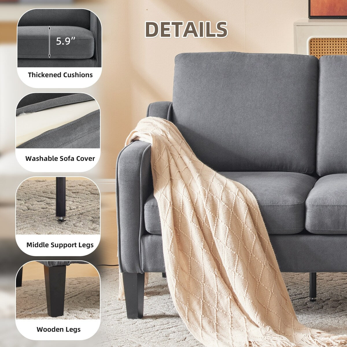 Canapé 3 places Erommy, canapé 72 pouces pour salon, canapé en tissu moderne avec 4 pieds en bois et 2 tiges de support en métal pour chambre