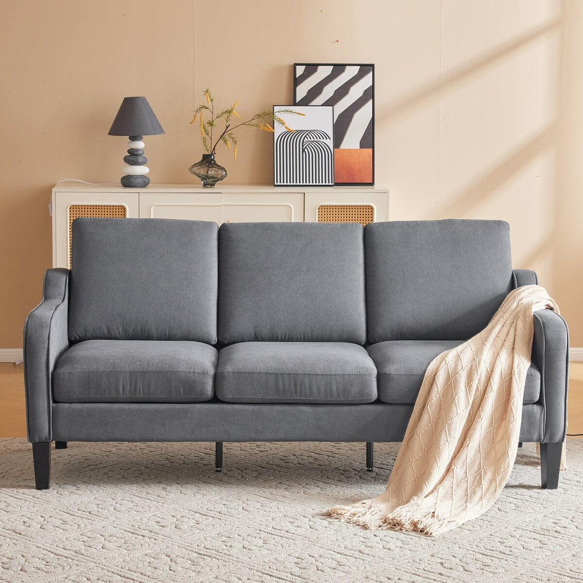 Canapé 3 places Erommy, canapé 72 pouces pour salon, canapé en tissu moderne avec 4 pieds en bois et 2 tiges de support en métal pour chambre