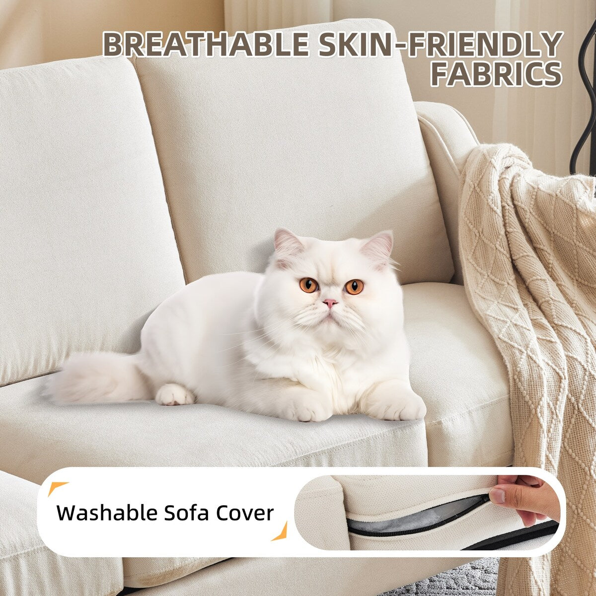 Canapé 3 places Erommy, canapé 72 pouces pour salon, canapé en tissu moderne avec 4 pieds en bois et 2 tiges de support en métal pour chambre