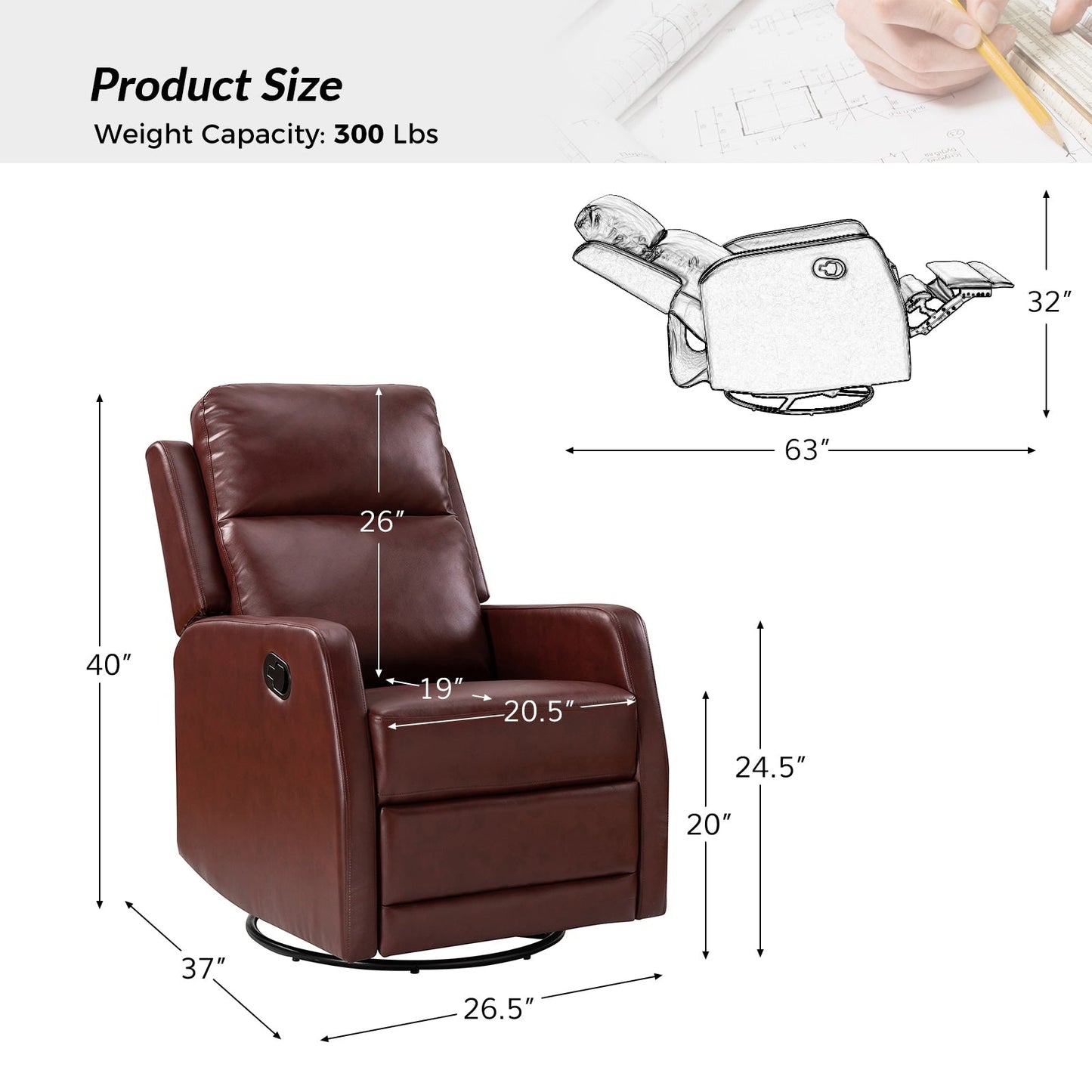 Fauteuil inclinable pivotant manuel Esteban en similicuir moderne avec dossier à oreilles, lot de 2