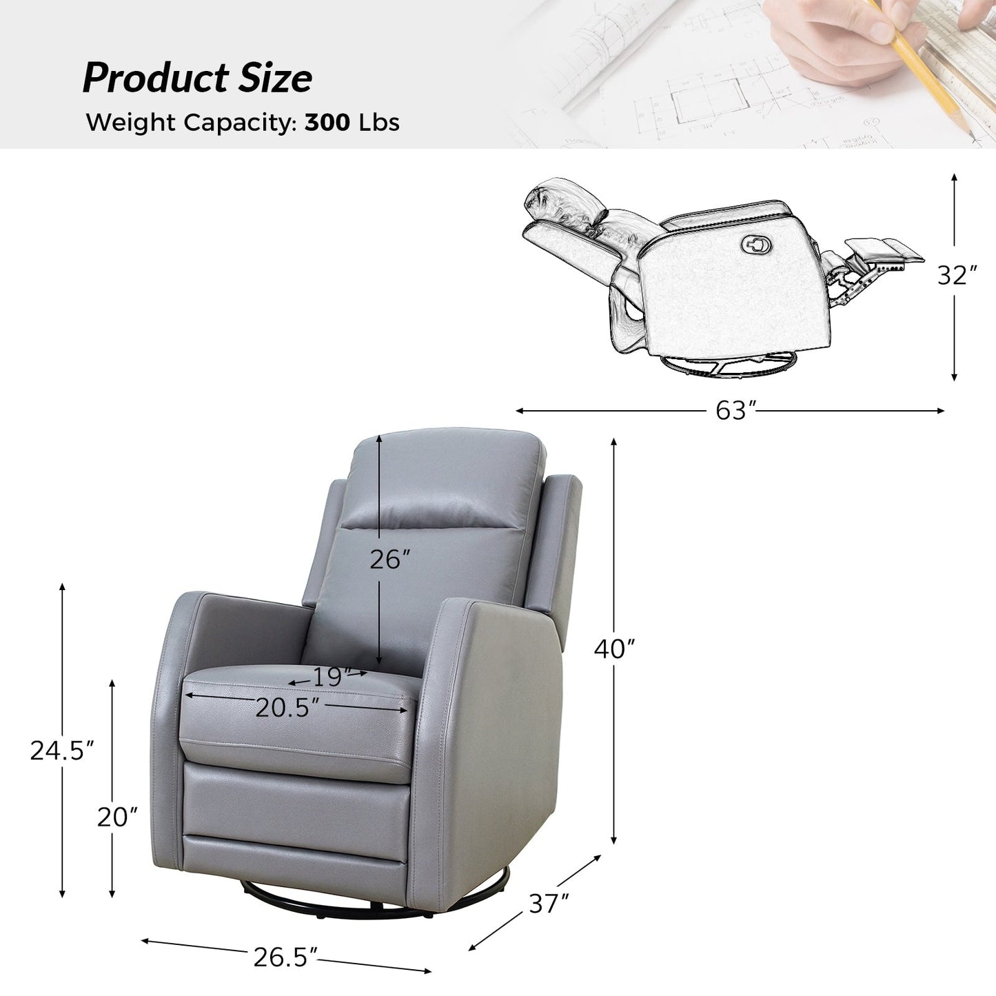 Fauteuil inclinable pivotant manuel Esteban en similicuir moderne avec dossier à oreilles, lot de 2