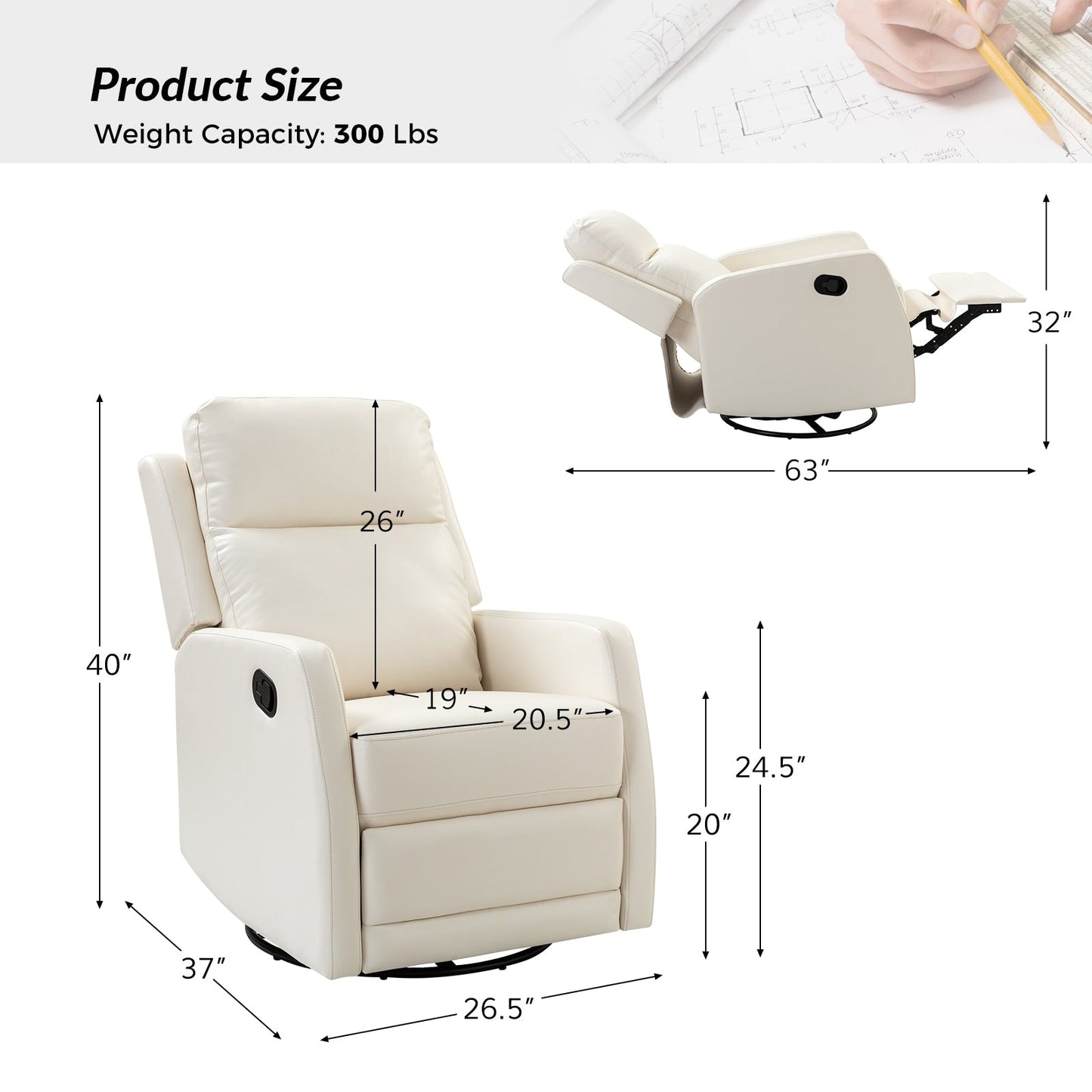 Fauteuil inclinable pivotant manuel en similicuir moderne Esteban avec dossier à oreilles