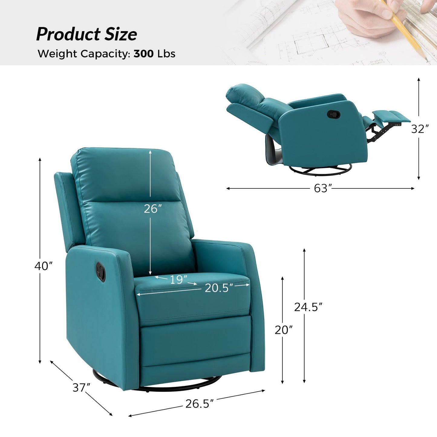 Fauteuil inclinable pivotant manuel en similicuir moderne Esteban avec dossier à oreilles