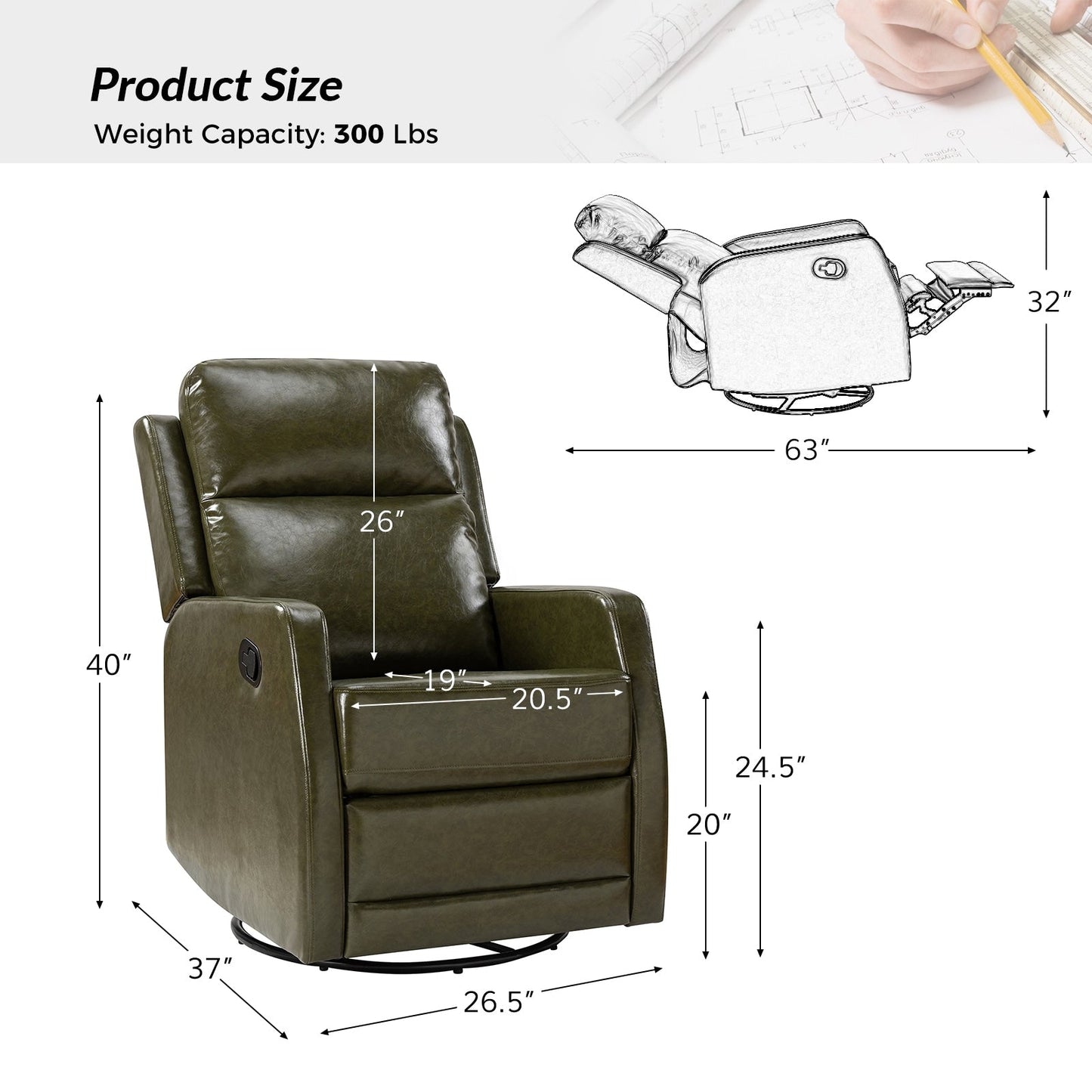 Fauteuil inclinable pivotant manuel en similicuir moderne Esteban avec dossier à oreilles