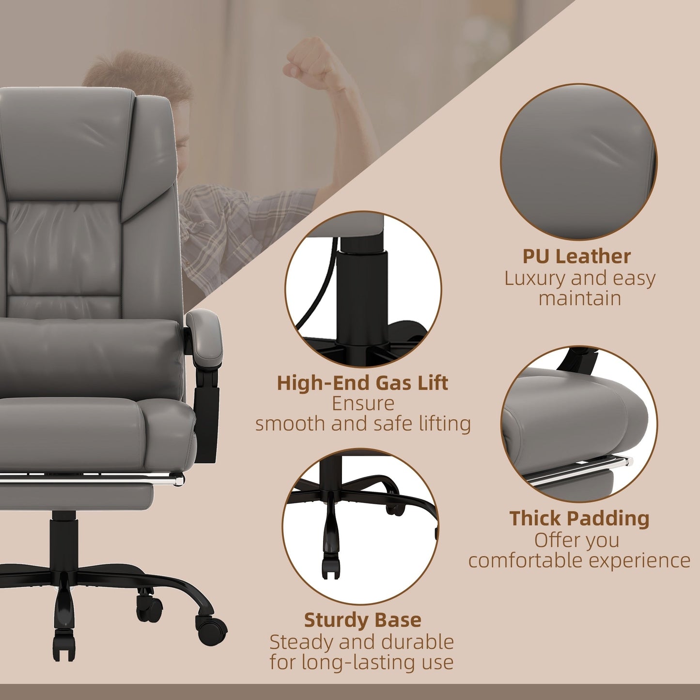 Fauteuil de bureau exécutif en cuir avec massage 6 points, hauteur réglable, dossier inclinable, repose-pieds et télécommande