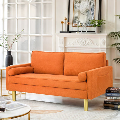 Superbe causeuse 2 places en polyester orange de 65 po avec poches latérales et coussins ronds - 65 po