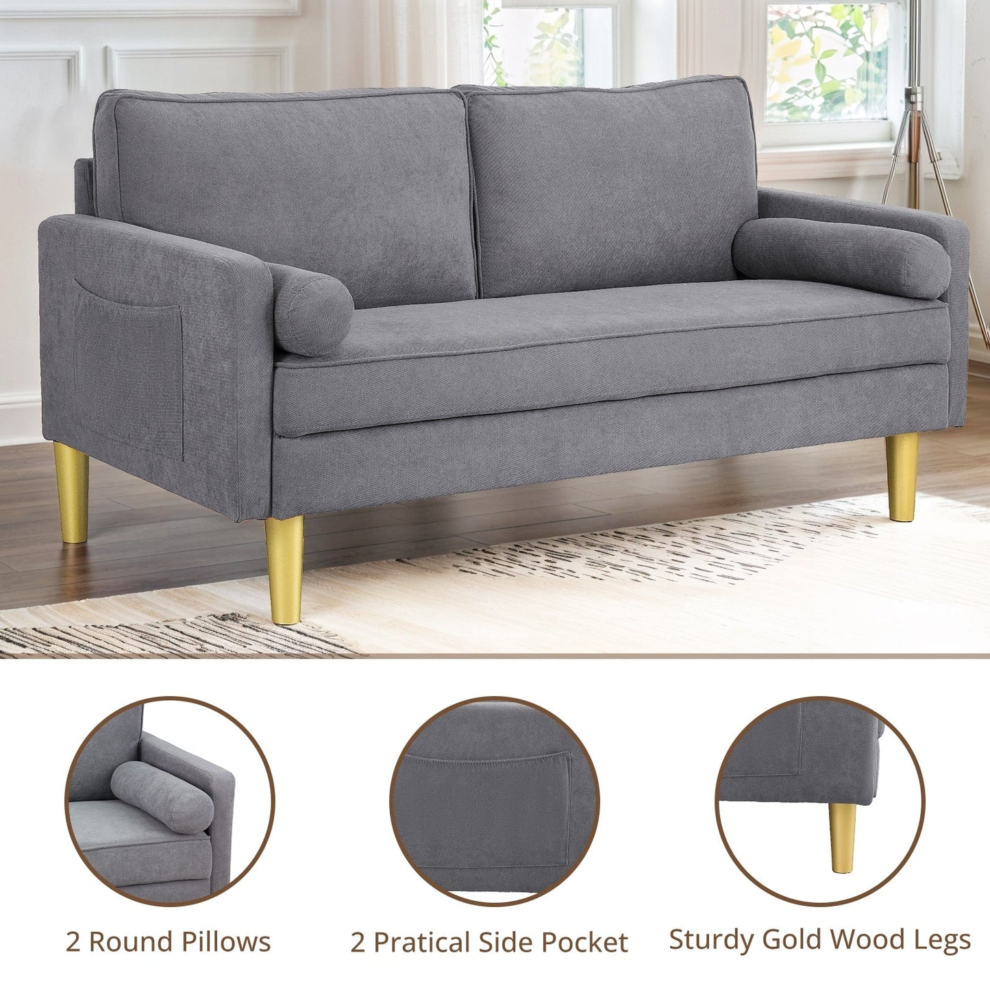 Superbe causeuse 2 places en polyester orange de 65 po avec poches latérales et coussins ronds - 65 po