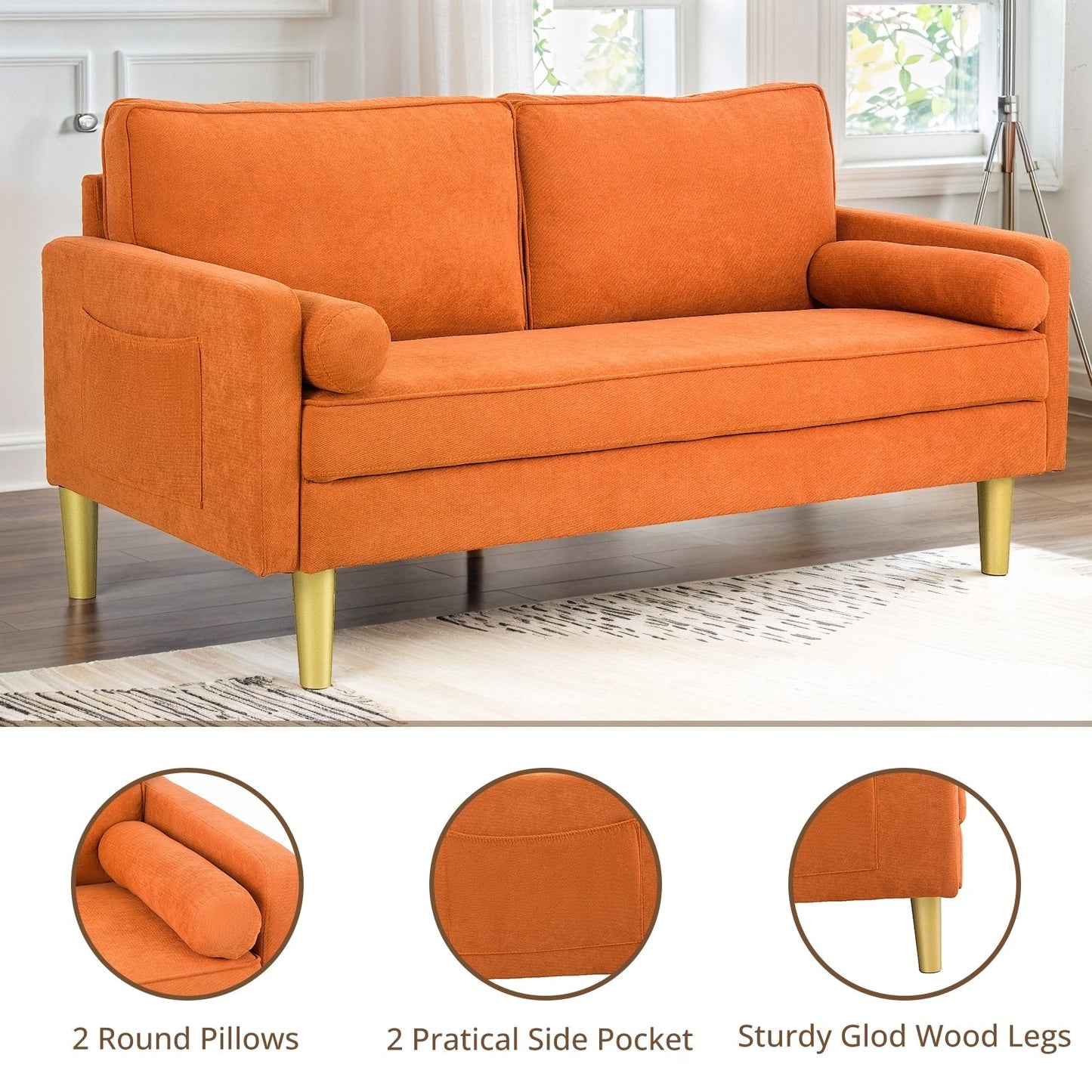 Superbe causeuse 2 places en polyester orange de 65 po avec poches latérales et coussins ronds - 65 po