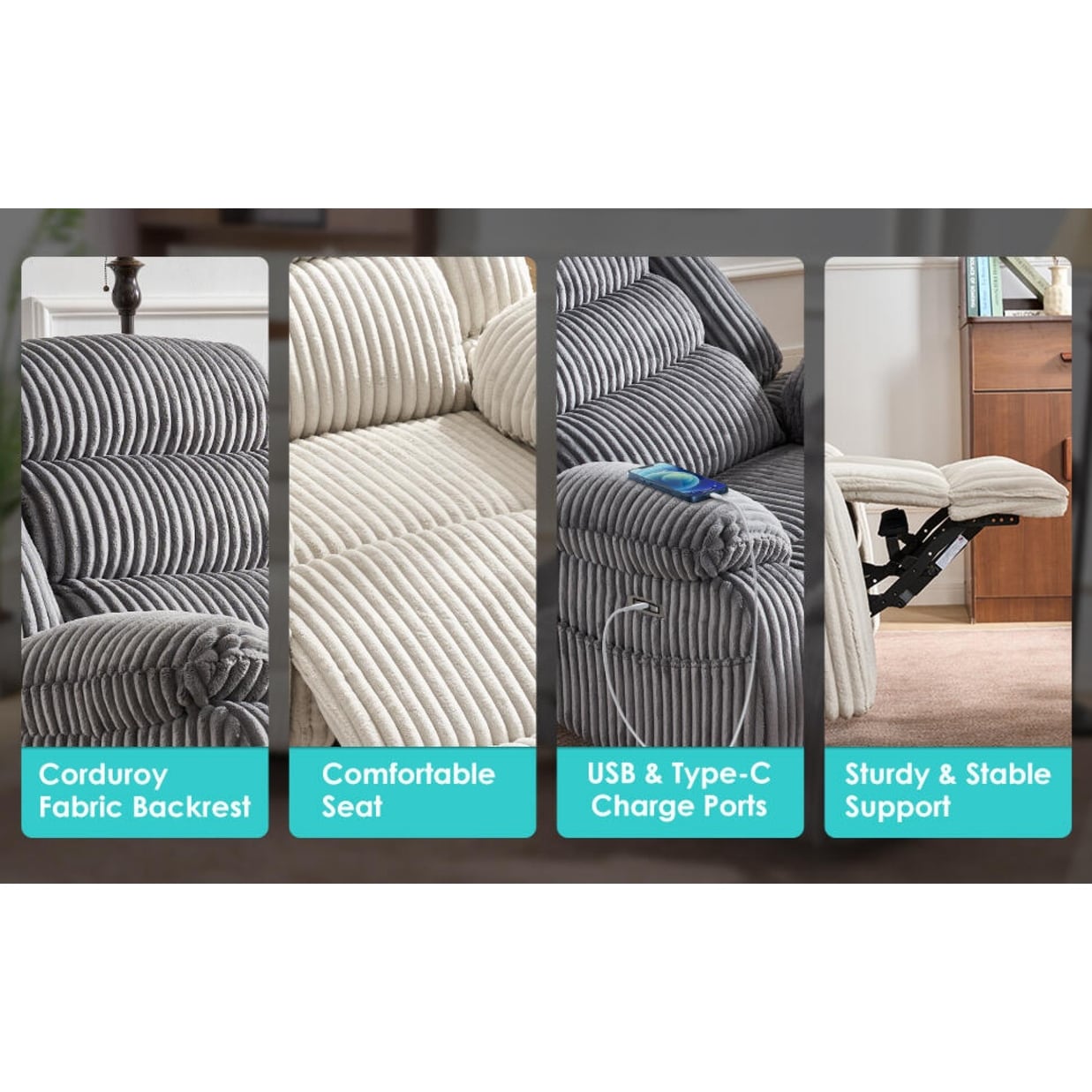 Fauteuil inclinable électrique chauffant extra-large rotatif à 270° avec port de chargement USB/Type-C